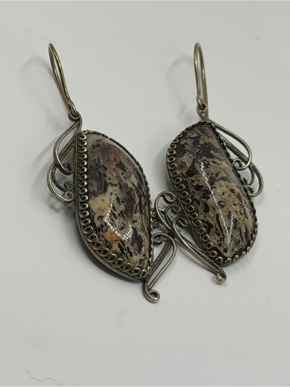 Vintage Statement Jasper Stone Dangle Earrings Melchior Wire Wrap Drop